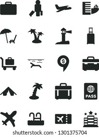 Solid Black Vector Icon Set - suitcase vector, case, passport, coastal lighthouse, dollar pin, plane, passenger, rolling, ticket, hotel, tent, beach, arnchair under umbrella, palm tree, pool