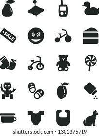 Solid Black Vector Icon Set - baby powder vector, bib, Child T shirt, rubber duck, warm socks, toy mobile phone, children's potty, small teddy bear, yule, bicycle, tricycle, shoes, piece of cake