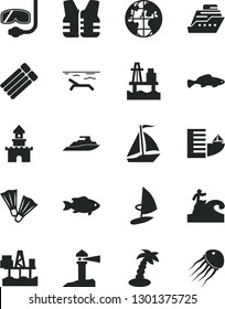 Solid Black Vector Icon Set - small fish vector, sea port, commercial seaport, coastal lighthouse, planet, sand castle, sail boat, hotel, beach, palm tree, flippers, diving mask, surfing, life vest