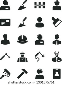 Solid Black Vector Icon Set - builder vector, trowel, building, paint roller, ceramic tiles, construction helmet, putty knife, hammer, employee, pass card, operator, welding, gas, woman, man