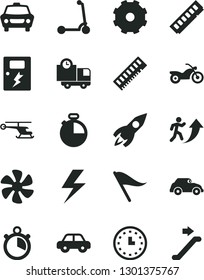 Solid Black Vector Icon Set - truck lorry vector, lightning, wind direction indicator, motor vehicle, child Kick scooter, dangers, timer, car, delivery, marine propeller, retro, rocket, wall watch