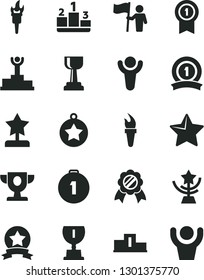Solid Black Vector Icon Set - star vector, pedestal, flame torch, winner, podium, prize, award, gold cup, reward, medal, man hold flag, first place, with pennant, ribbon, hands up
