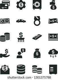 Solid Black Vector Icon Set - strongbox vector, cards, coins, column of, get a wage, dollars, cash, dollar, gold ring, bar, money bag hand, rain, gear, limousine, mail, dialog, safe