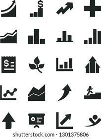 Solid Black Vector Icon Set - upward direction vector, growth up, plus, bar chart, line, graph, leaves, article on the dollar, financial report, carrer stairway, arrow, arrows, pedestal, flying man