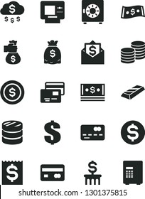 Solid Black Vector Icon Set - dollar vector, strongbox, cards, coins, reverse side of a bank card, front the, column, financial item, dollars, cash, gold bar, money bag hand, rain, coin, mail, atm