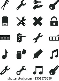 Solid Black Vector Icon Set - cross vector, small tools, adjustable wrench, key, door knob, lock, music, repair, steel, text highlighter, keyboard, usb flash, note, arm with