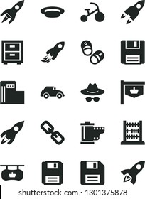 Solid Black Vector Icon Set - floppy disk vector, spectacles, hat with glasses, camera roll, bedside table, tricycle, child shoes, abacus, plate, modern gas station, retro car, vintage sign, rocket