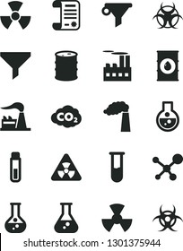 Solid Black Vector Icon Set - flask vector, manufacture, factory, oil, barrel, industrial building, radiation, carbon dyoxide, filter, water, research article, test tube, molecule, nuclear