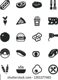 Solid Black Vector Icon Set - iron fork spoons vector, piece of cheese, fried vegetables on sticks, pizza, Hot Dog, burger, noodles, glazed cake with a hole, porridge, bacon, cabbage, meat, sushi