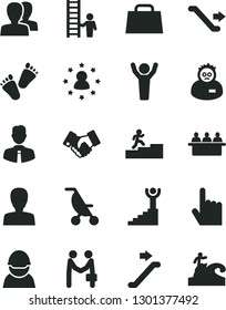 Solid Black Vector Icon Set - woman vector, women, summer stroller, children's tracks, employee, index finger, racer, court hearing, handclasp, hand bag, scientist, carrer stairway, winner, surfing