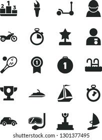 Solid Black Vector Icon Set - stopwatch vector, Kick scooter, pedestal, racer, retro car, flame torch, winner podium, prize, star reward, man with medal, first place, pennant, sail boat, motorcycle