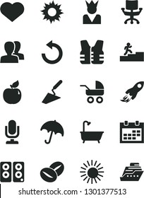 Solid Black Vector Icon Set - heart symbol vector, desktop microphone, calendar, women, counterclockwise, baby carriage, trowel, bath, umbrella, coffee beans, apricot, space rocket, pc speaker, king