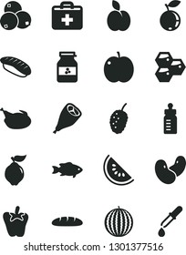 Solid Black Vector Icon Set - first aid kit vector, feeding bottle, loaf, chicken, grill leg, peper, japanese sushi, fish, jar of jam, apple, honeycombs, quince, blueberry, blueberries, water melon