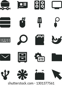 Solid Black Vector Icon Set - bedside table vector, plummet, chili, popsicle, accumulator, trolley with coal, fan, mouse, keyboard, pc card, monitor, usb, speaker, folder, magnifier, sd, big data