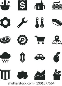 Solid Black Vector Icon Set - keyboard vector, line chart, measuring cup for feeding, cloud, motor vehicle, plastic fork spoons, star gear, map, bacon, japanese sushi, sweet date fruit, sour lime