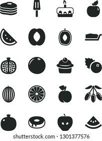 Solid Black Vector Icon Set - muffin vector, cake slice, torte, with a hole, popsicle, blueberries, orange, pancakes, peach, pomegranate, half, apricot, tasty apple, melon, goji berry, of, water