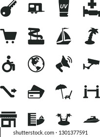 Solid Black Vector Icon Set - earth vector, camper, sail boat, escalator, rope barrier, credit card, hotel, arnchair under umbrella, uv cream, palm tree, aquapark, hospital bed, disabled, key, store