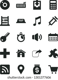 Solid Black Vector Icon Set - house vector, camera, plus, rss feed, download archive data, abacus, music, volume, move right, location, money, calendar, calculator, keyboard, satellite, syringe, key