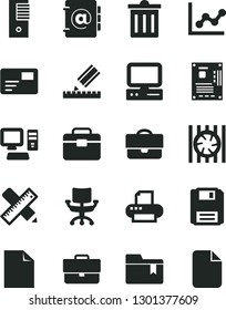 Solid Black Vector Icon Set - briefcase vector, bin, clean sheet of paper, graph, folder bookmark, portfolio, writing accessories, drawing, address book, pass card, computer, radiator fan, pc tower