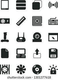 Solid Black Vector Icon Set - keyboard vector, copy, move up, processor, computer, tablet pc, fan, radiator, power supply, memory, web camera, router, cd, browser, floppy, wireless, joystick, file