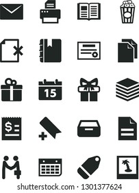 Solid Black Vector Icon Set - add bookmark vector, clean paper, scribbled, calendar, envelope, book, notebook, pile, drawer, delete page, gift, label, cup of popcorn, article on the dollar, wall