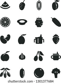 Solid Black Vector Icon Set - mug for feeding vector, measuring cup, a plate of milk, cucumber, orange, ripe peach, raspberry, cornels, blackberry, tasty mulberry, loquat, goji berry, date fruit