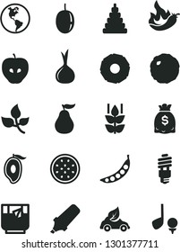 Solid Black Vector Icon Set - stacking toy vector, cabbage, a glass of tea, mint, tasty apple, half mango, passion fruit, slice pineapple, ripe guava, hot pepper, onion, peas, leaves, planet Earth