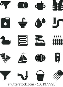 Solid Black Vector Icon Set - mug for feeding vector, rubber duck, bucket, washbasin, sewerage, heating coil, boiler, water pipes, canister of oil, drop, pipe, cast iron radiator, filter, globe