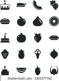 Solid Black Vector Icon Set - cake vector, slice, torte, birthday, pie, apple, cone, strawberry, pomegranate, grape, fig, medlar, mulberry, of melon, water, half kiwi, delicious, ripe pineapple