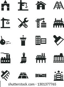 Solid Black Vector Icon Set - house vector, box of bricks, tower crane, small tools, wooden paint brush, ladder, building level, city block, putty knife, spatula, paving slab, core, hydroelectricity