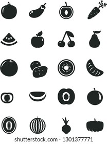 Solid Black Vector Icon Set - beet vector, cherry, half apricot, water melon, tangerine, slice of, kiwi, piece coconut, grapefruit, ripe guava, persimmon, tomato, potato, carrot, eggplant, pumpkin