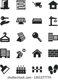 Solid Black Vector Icon Set - house vector, dwelling, brickwork, building trolley, buildings, city block, ceramic tiles, brick, putty knife, heating coil, radiator, key, hanger, big solar panel, sun