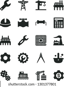 Solid Black Vector Icon Set - repair key vector, crane, tower, cogwheel, construction helmet, gear, valve, factory, hydroelectric station, power pole, industrial, enterprise, gears, processor, steel