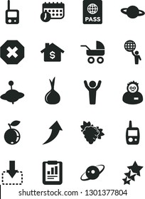 Solid Black Vector Icon Set - mark of injury vector, baby carriage, toy phone, mobile, yule, passport, planet, move down, branch grape, blueberry, onion, statistical report, schedule, scientist
