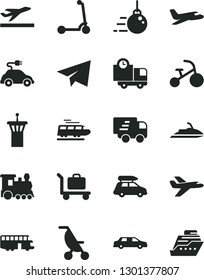 Solid Black Vector Icon Set - paper airplane vector, summer stroller, tricycle, child Kick scooter, big core, delivery, electric car, Express, private plane, limousine, train, baggage, bus, jet ski