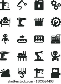 Solid Black Vector Icon Set - crane vector, winch hook, concrete mixer, cordless drill, gear, industrial enterprise, conveyor, production, canister of oil, cloth industry, tower, gas welding, gears