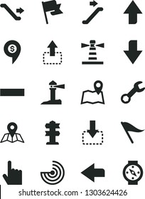 Solid Black Vector Icon Set - upward direction vector, downward, left, wind indicator, minus, index finger, map, flag, move up, down, lighthouse, coastal, repair, radar, dollar pin, escalator