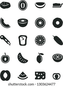 Solid Black Vector Icon Set - stationery knife vector, piece of cheese, cake slice, meat, cucumber, sandwich, melon, half peach, tangerine, cherry, lemon, kiwi, orange, coconut, pineapple, water