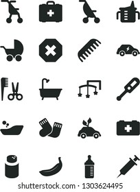 Solid Black Vector Icon Set - mark of injury vector, toys over the cot, measuring cup for feeding, bottle, powder, baby stroller, summer, sitting, electronic thermometer e, children's bathroom, comb