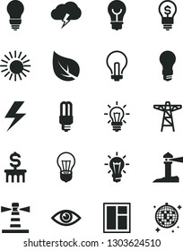 Solid Black Vector Icon Set - lightning vector, incandescent lamp, window, bulb, eye, storm cloud, leaf, light, power pole, mercury, lighthouse, coastal, dollar column, idea, sun, disco ball