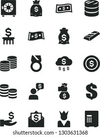 Solid Black Vector Icon Set - dollar vector, strongbox, coins, column of, get a wage, dollars, gold ring, bar, money bag hand, rain, coin, king, mail, dialog, safe