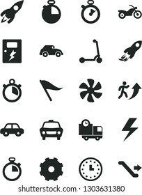 Solid Black Vector Icon Set - truck lorry vector, lightning, stopwatch, wind direction indicator, motor vehicle, child Kick scooter, dangers, timer, car, delivery, marine propeller, retro, rocket