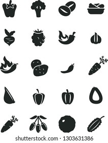 Solid Black Vector Icon Set - stick of sausage vector, lettuce in a plate, cabbage, chili, peper, garlic, carrot, coffee beans, blackberry, goji berry, Bell pepper, ripe, red, hot, potato, beet