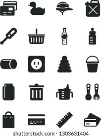 Solid Black Vector Icon Set - bin vector, yardstick, grocery basket, bank card, measuring cup for feeding, bottle, electronic thermometer e, rubber duck, stacking rings, plastic fork spoons, bucket