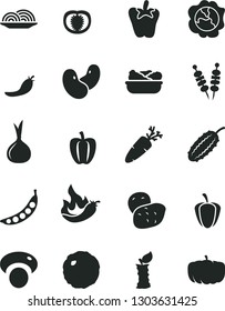 Solid Black Vector Icon Set - fried vegetables on sticks vector, onion, lettuce in a plate, cabbage, peper, carrot, squash, apple stub, half tomato, Bell pepper, ripe, red, hot, potato, peas, beans