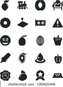 Solid Black Vector Icon Set - warning vector, baby toy train, yule, concrete mixer, peper, squash, quince, melon, half of mango, loquat, peach, yellow lemon, slice pineapple, Bell pepper, drop oil