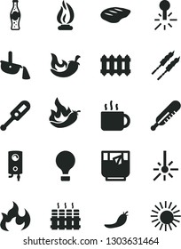 Solid Black Vector Icon Set - electronic thermometer vector e, mercury, radiator, new, boiler, chop, barbecue, chili, cup of tea, a glass, bottle soda, red pepper, hot, outdoor, steel production