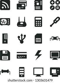 Solid Black Vector Icon Set - lightning vector, floppy disk, monitor, window, bank card, rss feed, electronic thermometer e, cards, math actions, SIM, calculator, pc tower, motherboard, usb, router