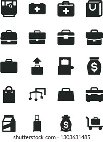 Solid Black Vector Icon Set - briefcase vector, first aid kit, toys over the cot, bag of a paramedic, portfolio, suitcase, with handles, package, glass tea, money, hand, rolling, baggage scanner