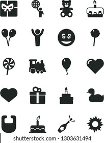 Solid Black Vector Icon Set - heart symbol vector, bib, rubber duck, teddy bear, children's train, colored air balloons, balloon, cake, gift, torte, birthday, Chupa Chups, lollipop, giftbox, sun